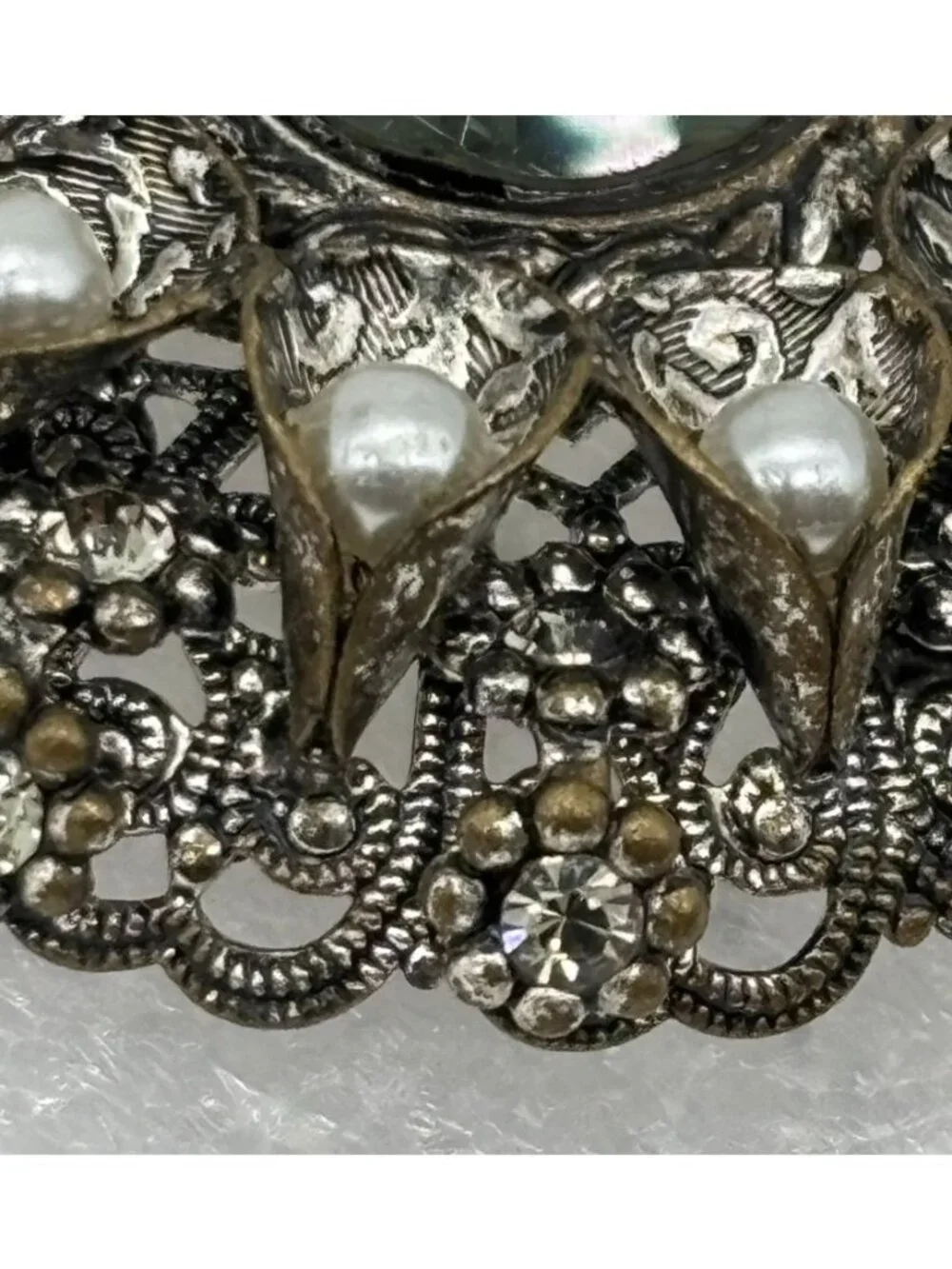 Vintage West Germany High Dome Brooch W/Crystal Faux Pearls Filigree Silver-Tone